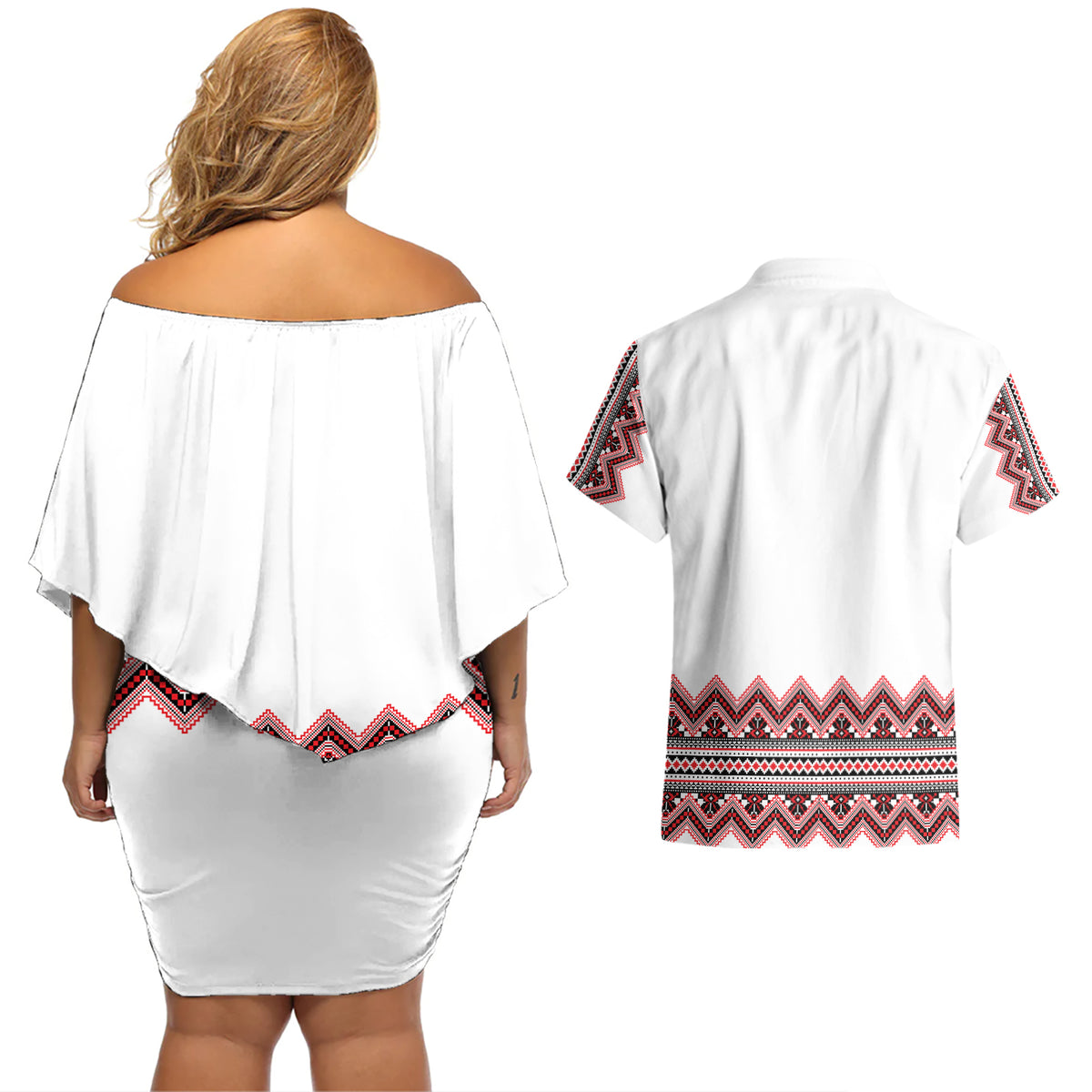 Ukraine Folk Pattern Couples Matching Off Shoulder Short Dress and Hawaiian Shirt Ukrainian Traditional Version - Wonder Print Shop
