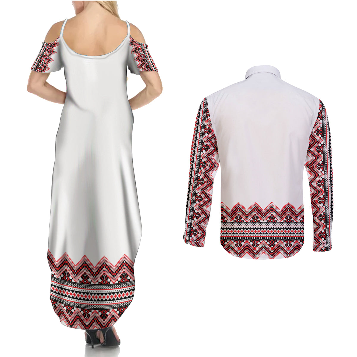Ukraine Folk Pattern Couples Matching Summer Maxi Dress and Long Sleeve Button Shirt Ukrainian Traditional Version - Wonder Print Shop