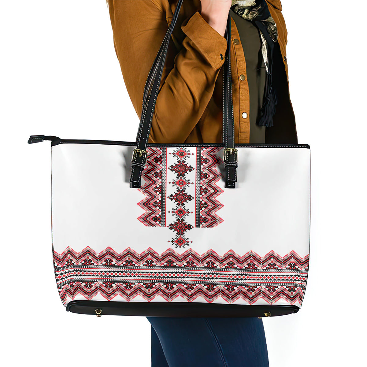 Ukraine Folk Pattern Leather Tote Bag Ukrainian Traditional Version - Wonder Print Shop
