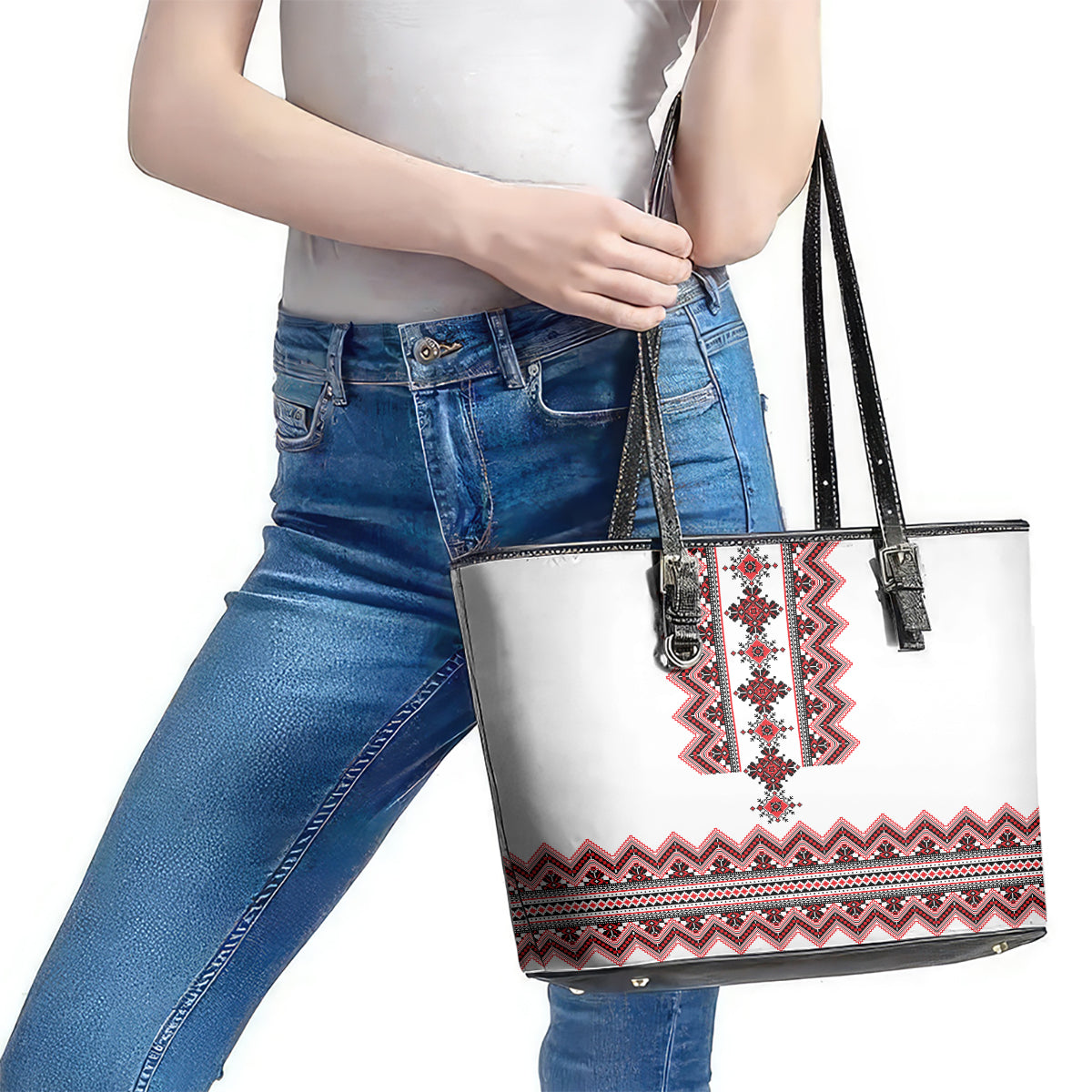 Ukraine Folk Pattern Leather Tote Bag Ukrainian Traditional Version - Wonder Print Shop