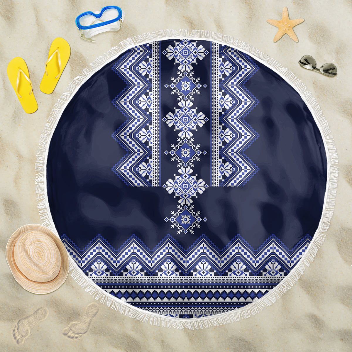 Ukraine Folk Pattern Beach Blanket Ukrainian Navy Blue Version - Wonder Print Shop