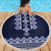 Ukraine Folk Pattern Beach Blanket Ukrainian Navy Blue Version - Wonder Print Shop