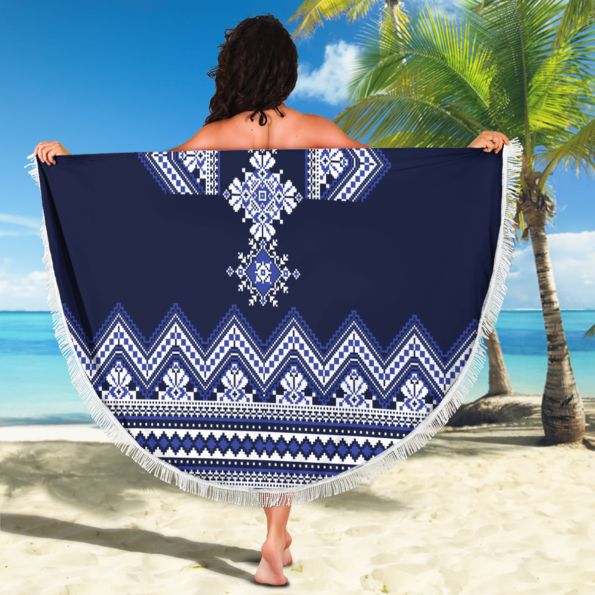Ukraine Folk Pattern Beach Blanket Ukrainian Navy Blue Version - Wonder Print Shop