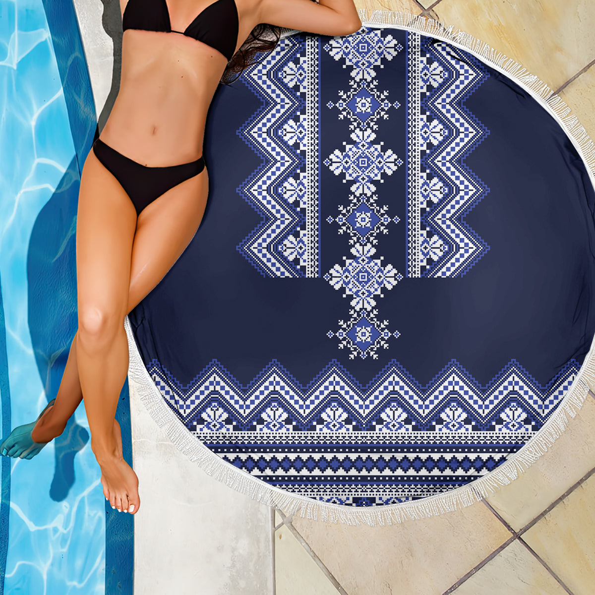 Ukraine Folk Pattern Beach Blanket Ukrainian Navy Blue Version - Wonder Print Shop