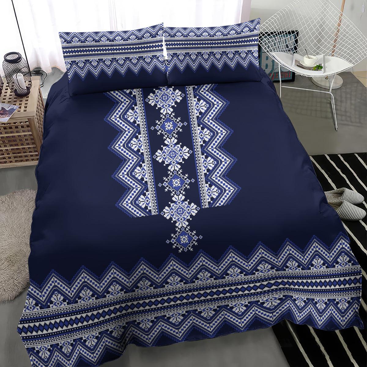 Ukraine Folk Pattern Bedding Set Ukrainian Navy Blue Version - Wonder Print Shop