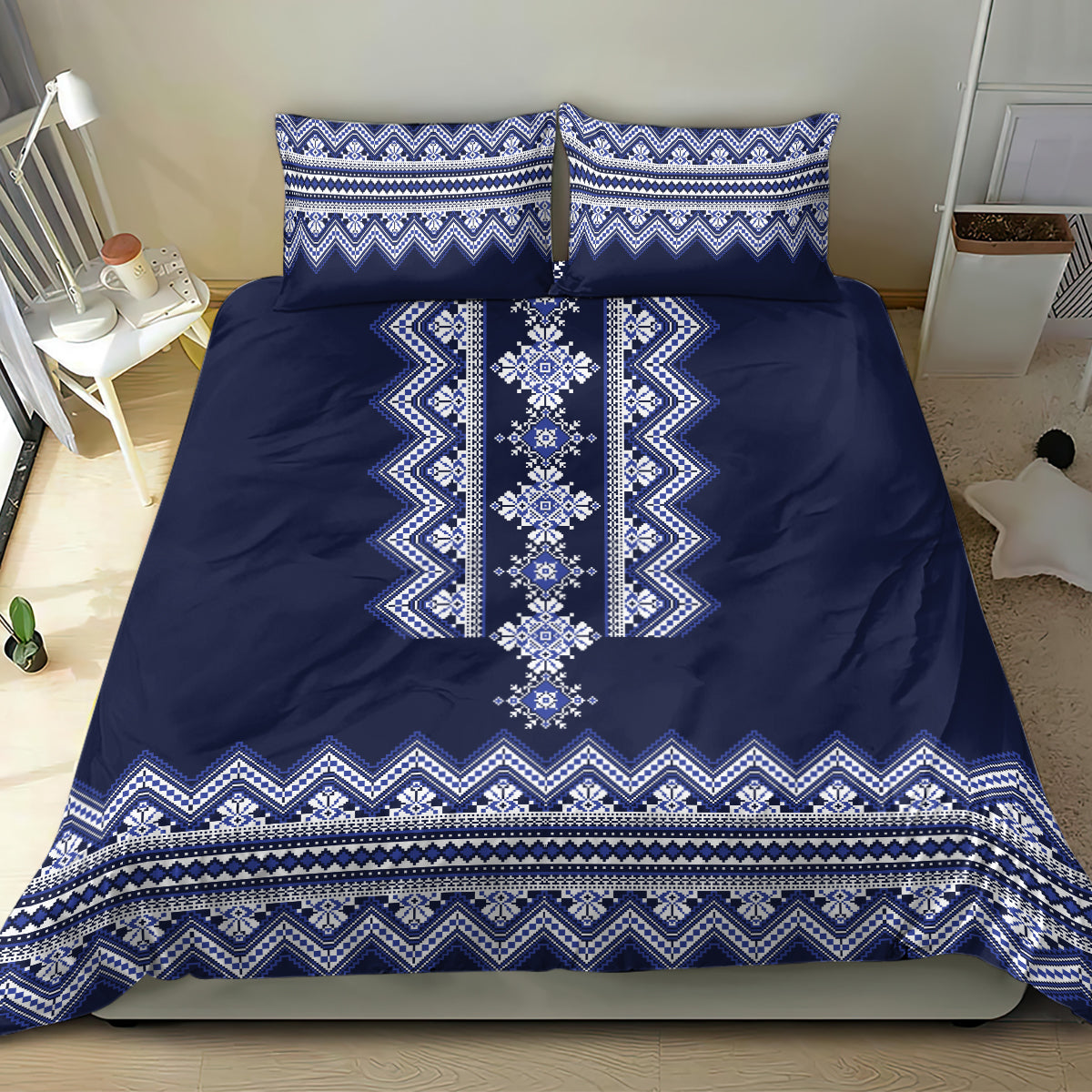 Ukraine Folk Pattern Bedding Set Ukrainian Navy Blue Version - Wonder Print Shop