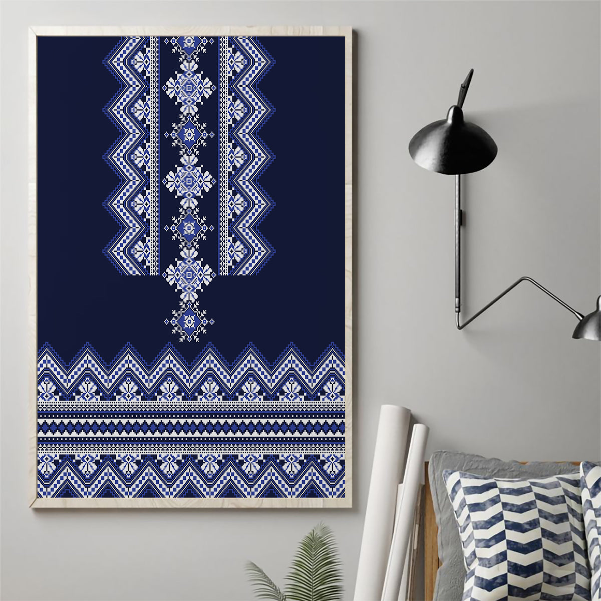 Ukraine Folk Pattern Canvas Wall Art Ukrainian Navy Blue Version - Wonder Print Shop