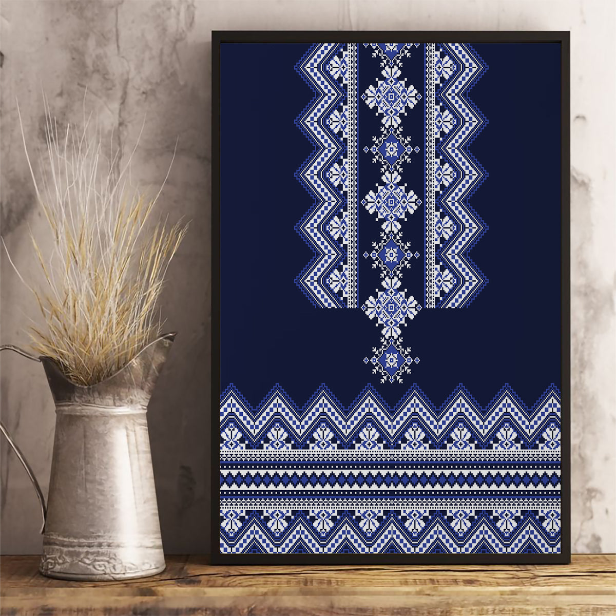 Ukraine Folk Pattern Canvas Wall Art Ukrainian Navy Blue Version - Wonder Print Shop