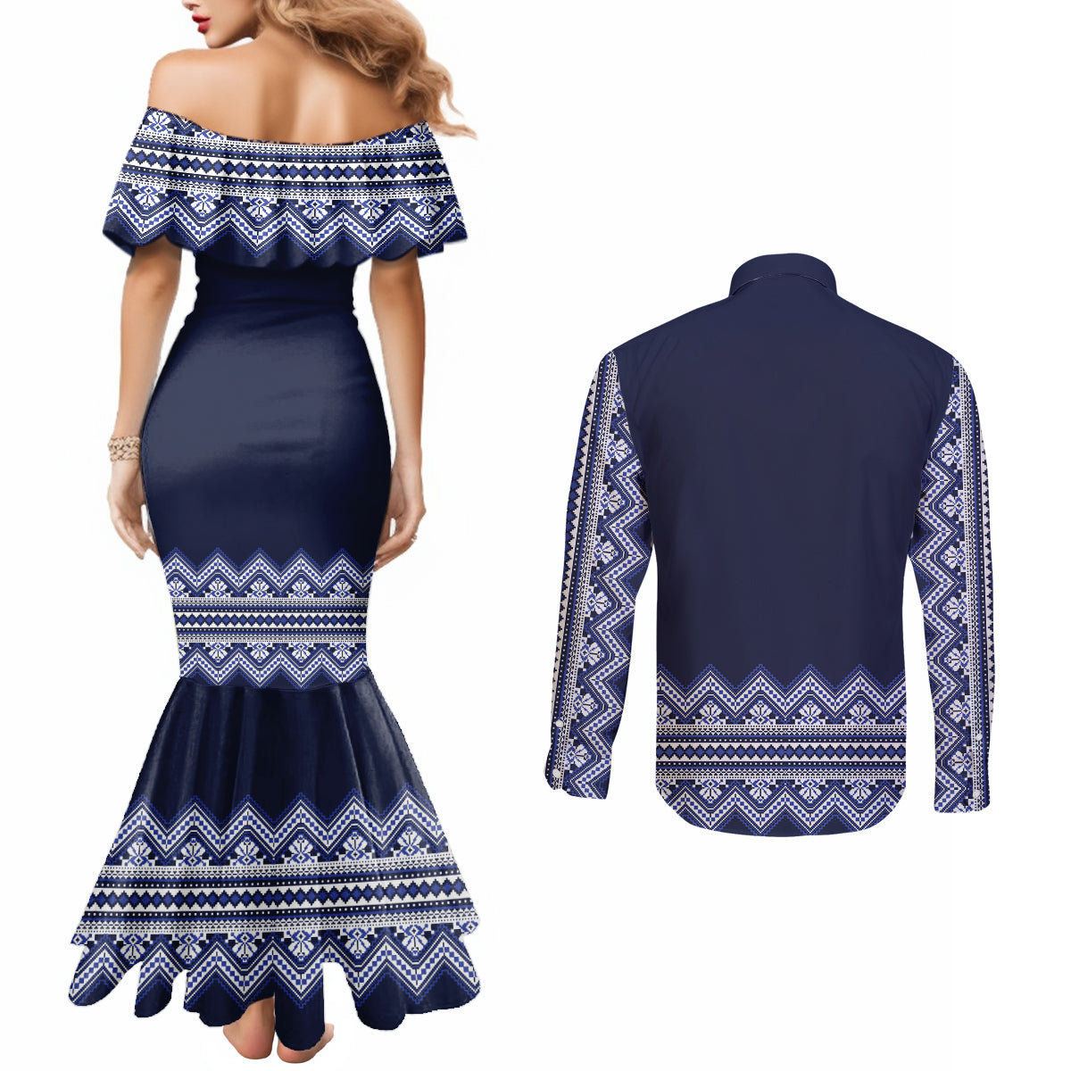 ukraine-folk-pattern-couples-matching-mermaid-dress-and-long-sleeve-button-shirt-ukrainian-navy-blue-version