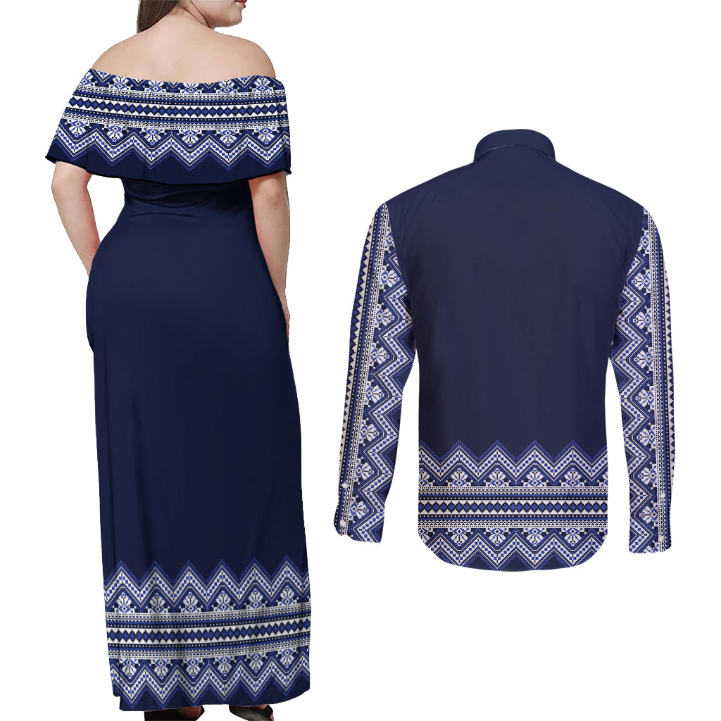 Ukraine Folk Pattern Couples Matching Off Shoulder Maxi Dress and Long Sleeve Button Shirt Ukrainian Navy Blue Version - Wonder Print Shop