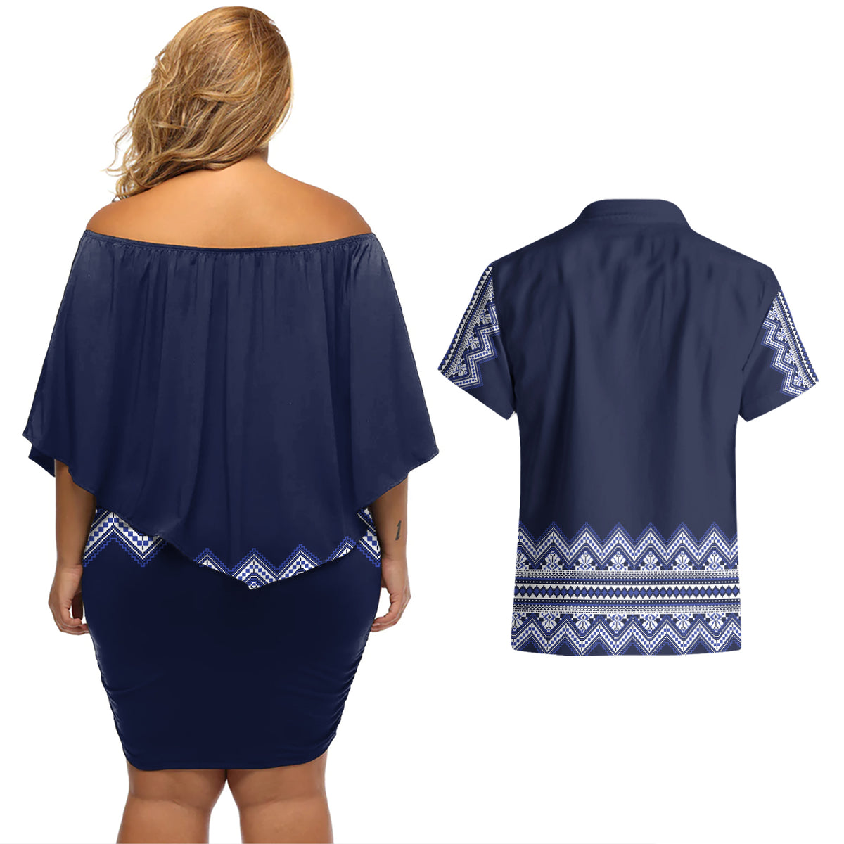 Ukraine Folk Pattern Couples Matching Off Shoulder Short Dress and Hawaiian Shirt Ukrainian Navy Blue Version - Wonder Print Shop
