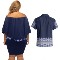 Ukraine Folk Pattern Couples Matching Off Shoulder Short Dress and Hawaiian Shirt Ukrainian Navy Blue Version - Wonder Print Shop