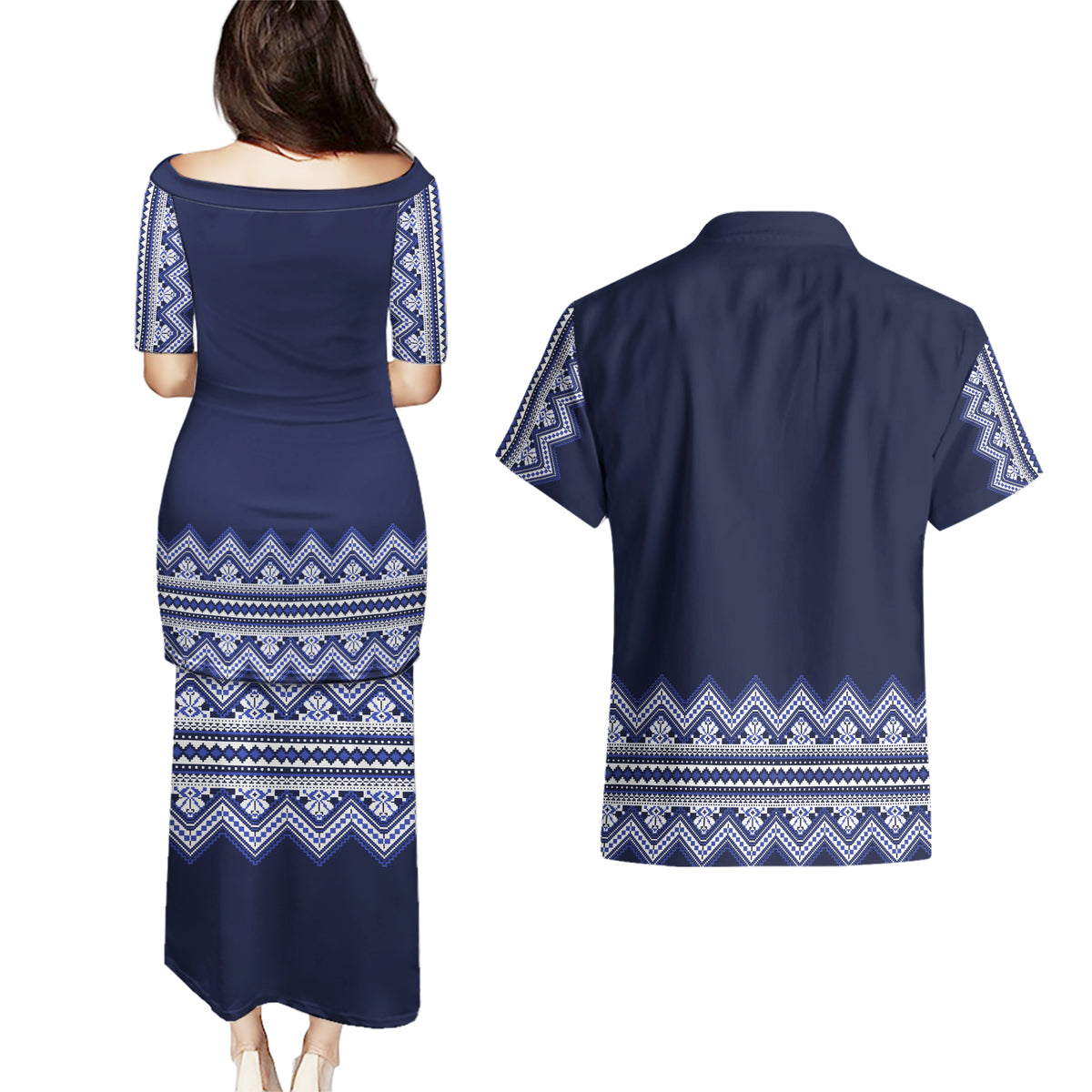 Ukraine Folk Pattern Couples Matching Puletasi Dress and Hawaiian Shirt Ukrainian Navy Blue Version - Wonder Print Shop