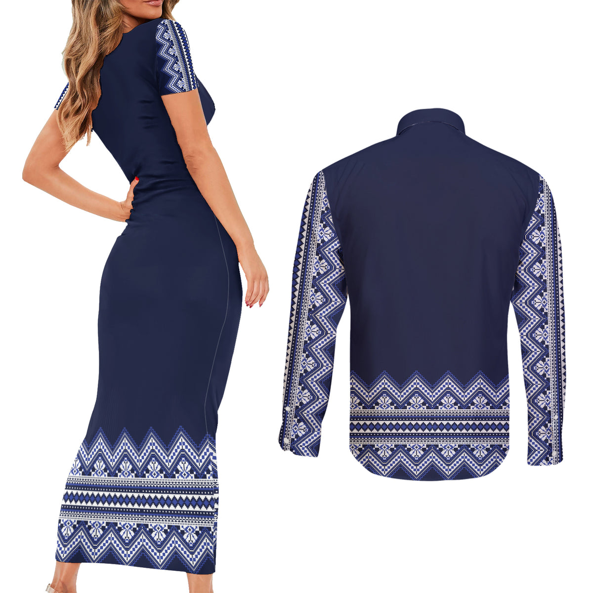 Ukraine Folk Pattern Couples Matching Short Sleeve Bodycon Dress and Long Sleeve Button Shirt Ukrainian Navy Blue Version - Wonder Print Shop