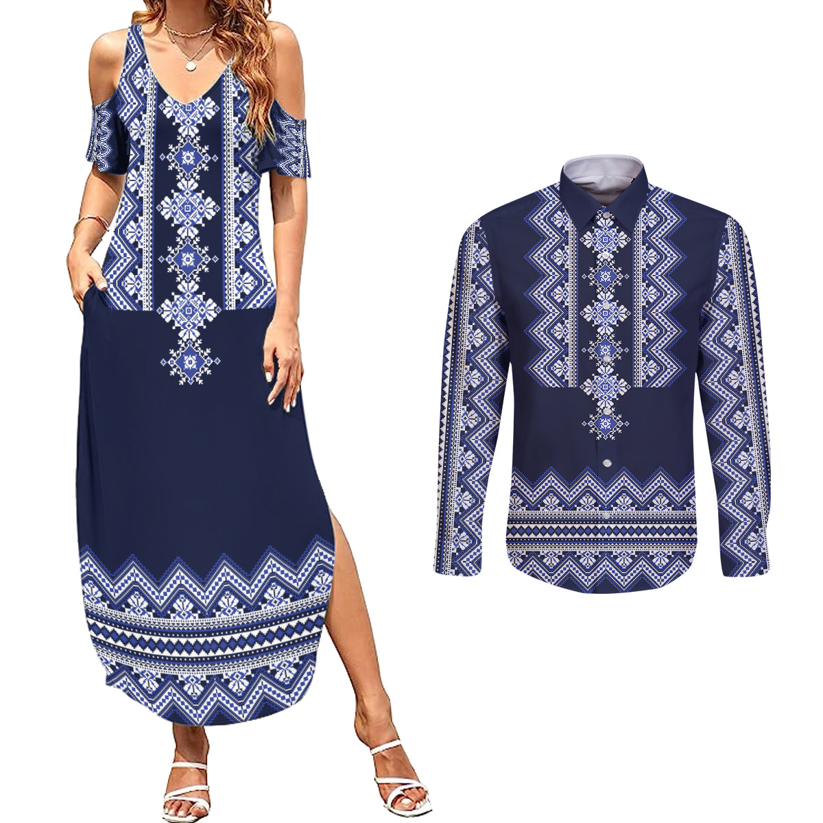 Ukraine Folk Pattern Couples Matching Summer Maxi Dress and Long Sleeve Button Shirt Ukrainian Navy Blue Version - Wonder Print Shop