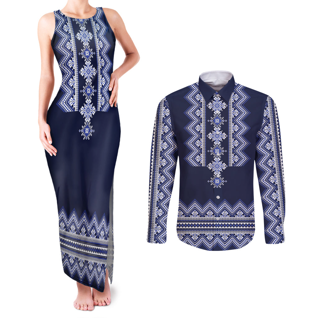 ukraine-folk-pattern-couples-matching-tank-maxi-dress-and-long-sleeve-button-shirt-ukrainian-navy-blue-version