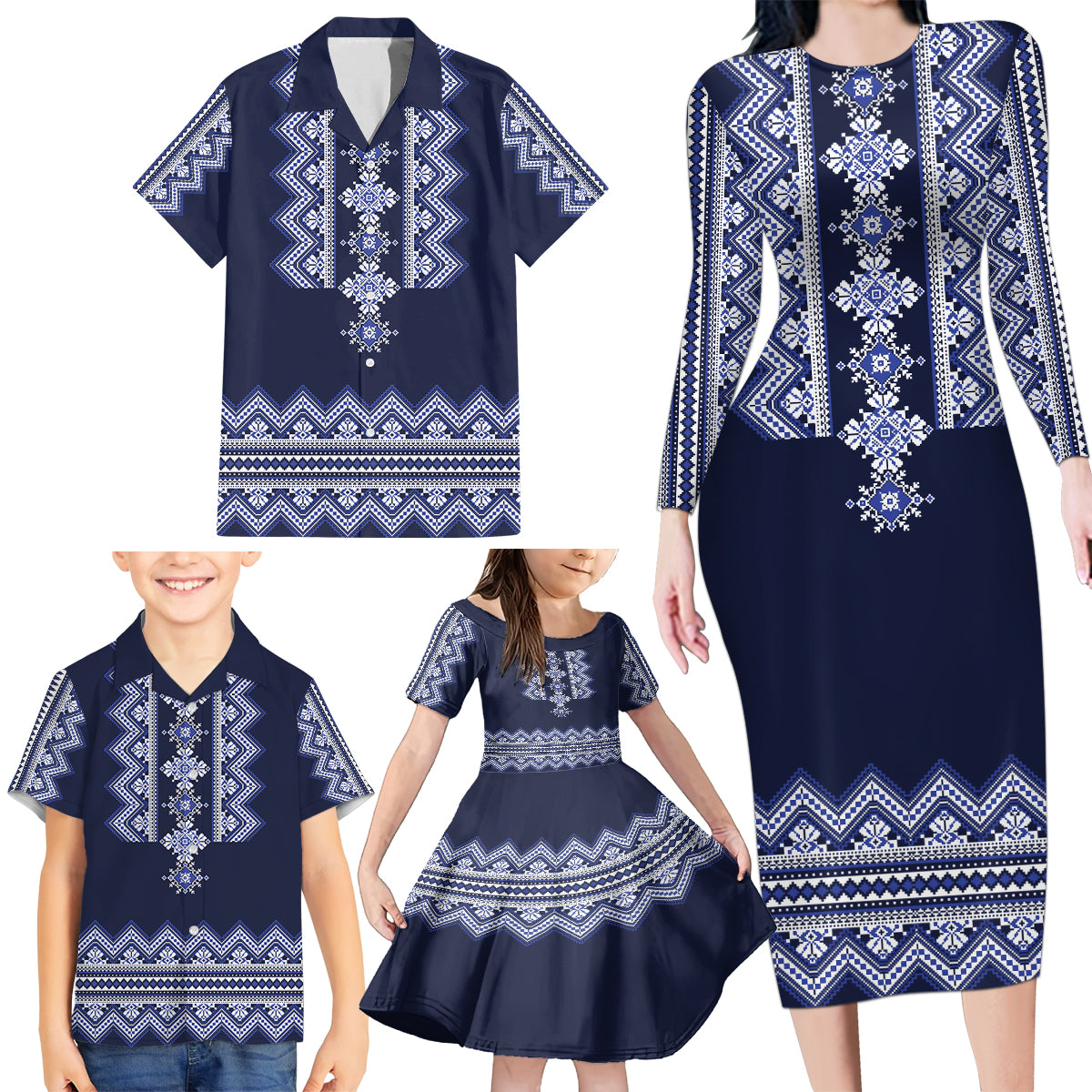ukraine-folk-pattern-family-matching-long-sleeve-bodycon-dress-and-hawaiian-shirt-ukrainian-navy-blue-version