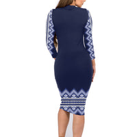 Ukraine Folk Pattern Family Matching Long Sleeve Bodycon Dress and Hawaiian Shirt Ukrainian Navy Blue Version - Wonder Print Shop