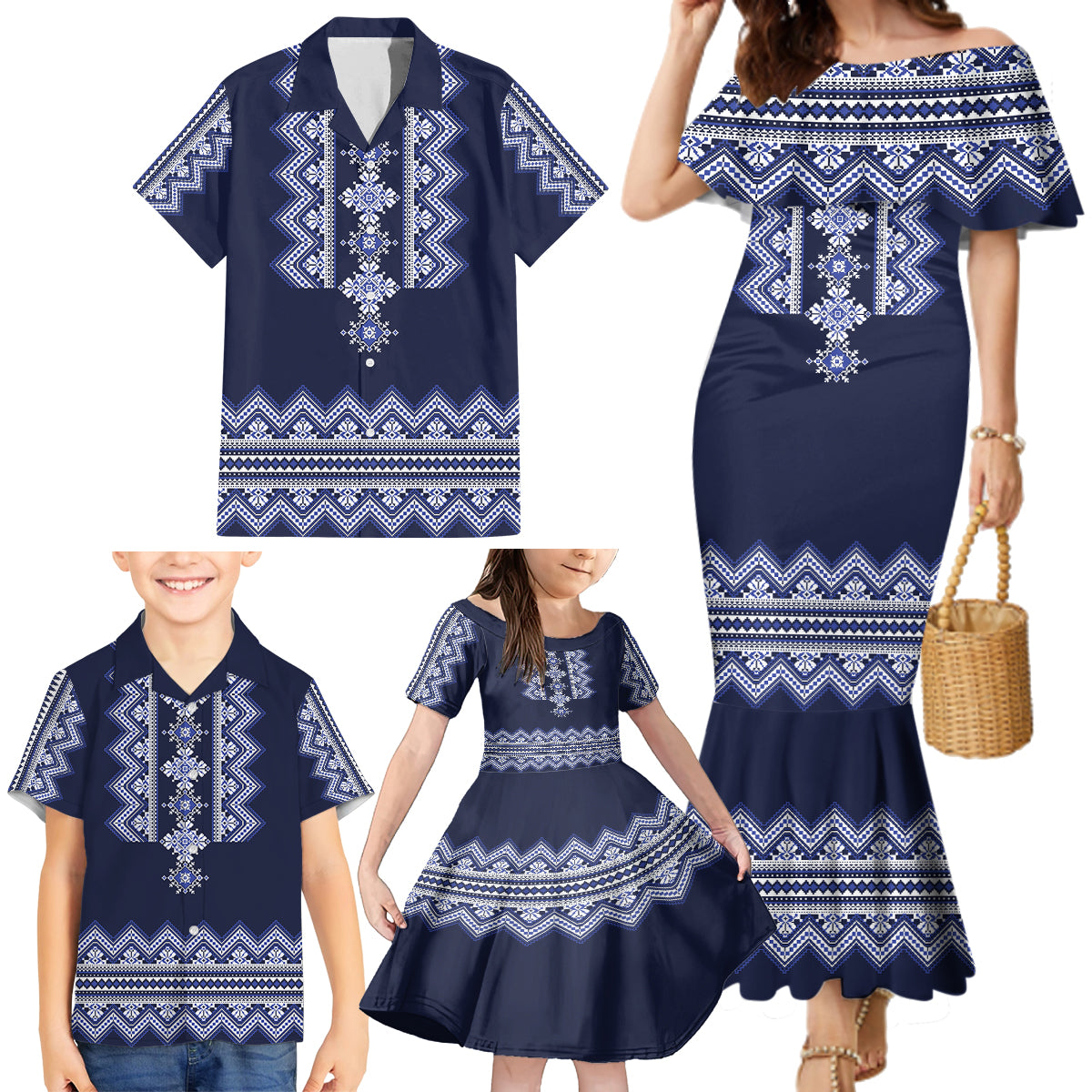ukraine-folk-pattern-family-matching-mermaid-dress-and-hawaiian-shirt-ukrainian-navy-blue-version