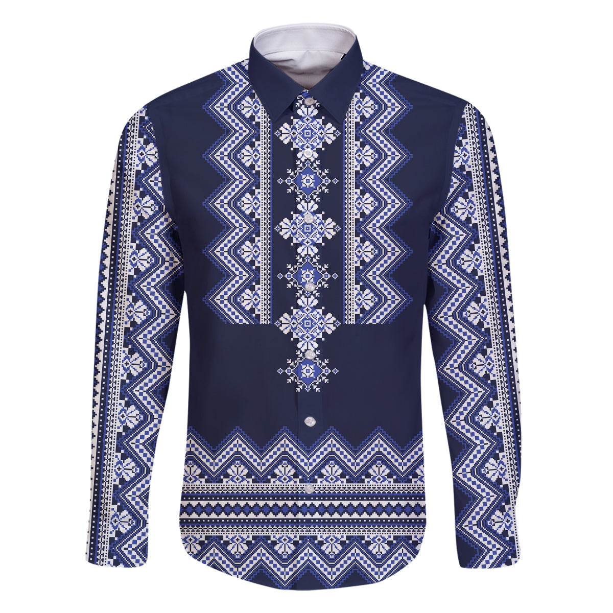 Ukraine Folk Pattern Family Matching Mermaid Dress and Hawaiian Shirt Ukrainian Navy Blue Version - Wonder Print Shop