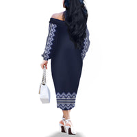 Ukraine Folk Pattern Family Matching Off Shoulder Long Sleeve Dress and Hawaiian Shirt Ukrainian Navy Blue Version - Wonder Print Shop