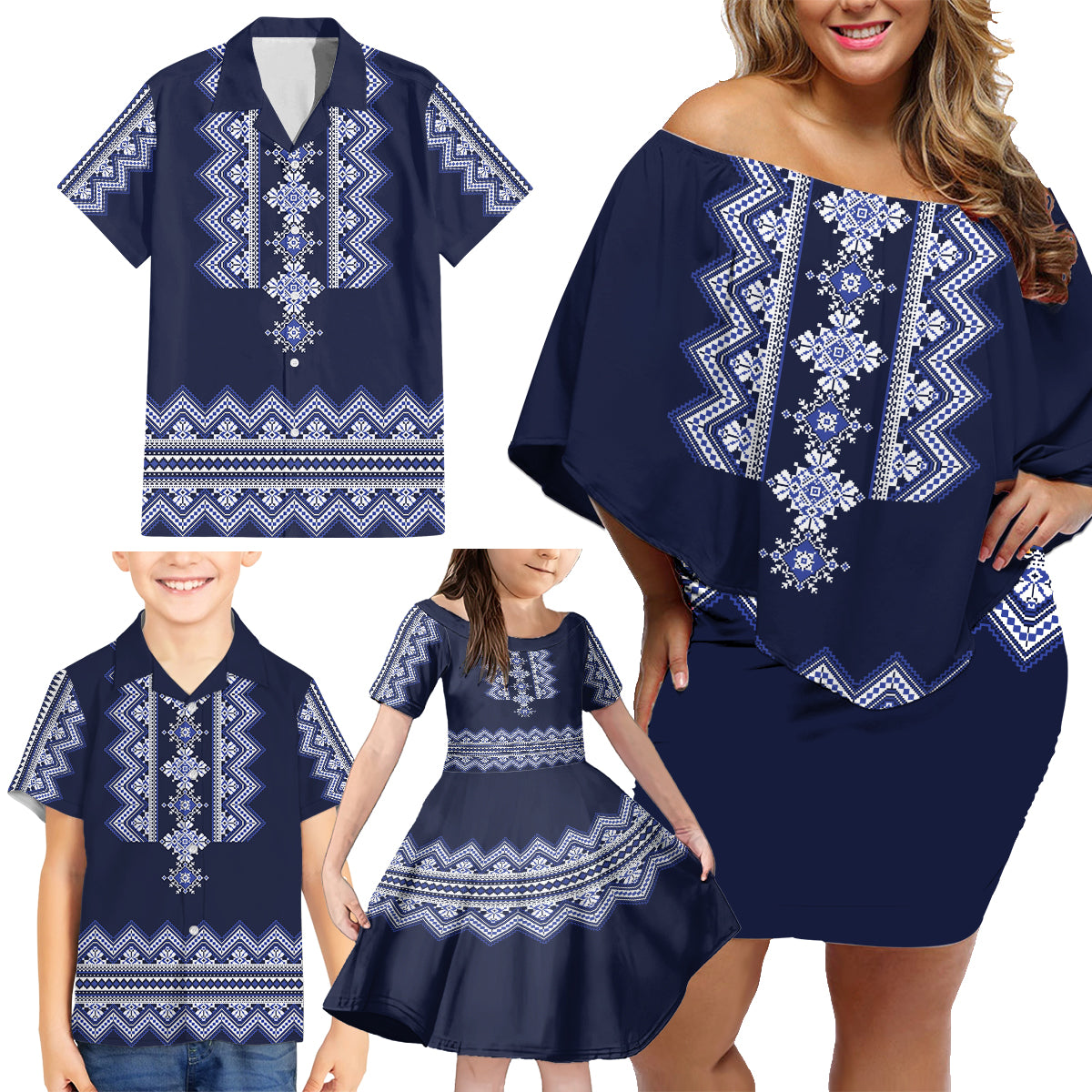 ukraine-folk-pattern-family-matching-off-shoulder-short-dress-and-hawaiian-shirt-ukrainian-navy-blue-version