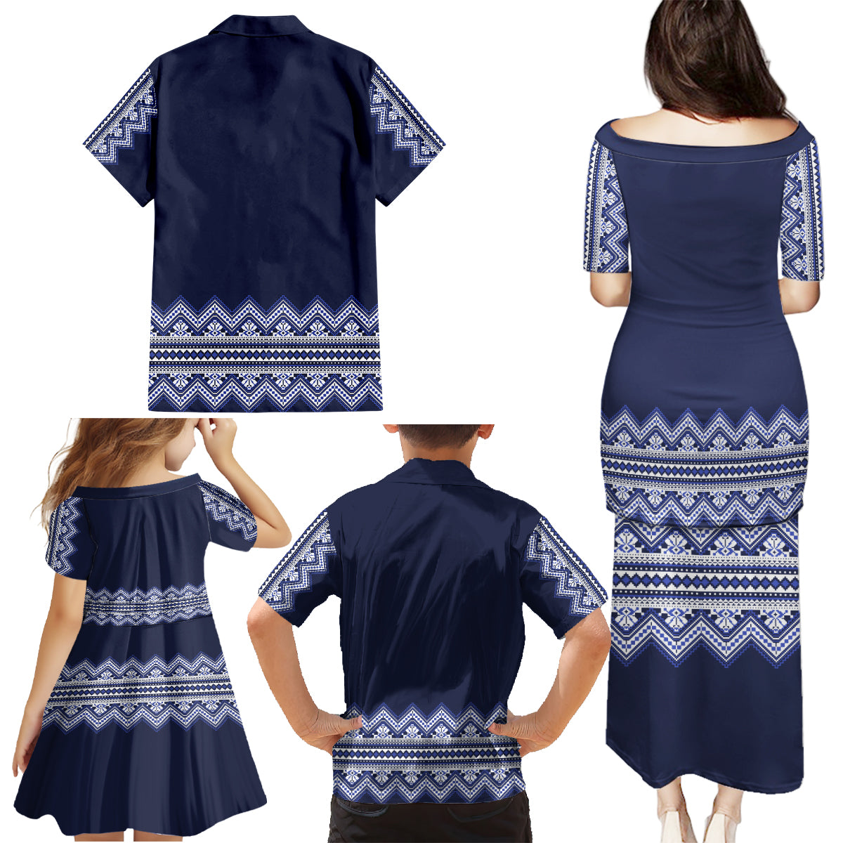 Ukraine Folk Pattern Family Matching Puletasi Dress and Hawaiian Shirt Ukrainian Navy Blue Version - Wonder Print Shop