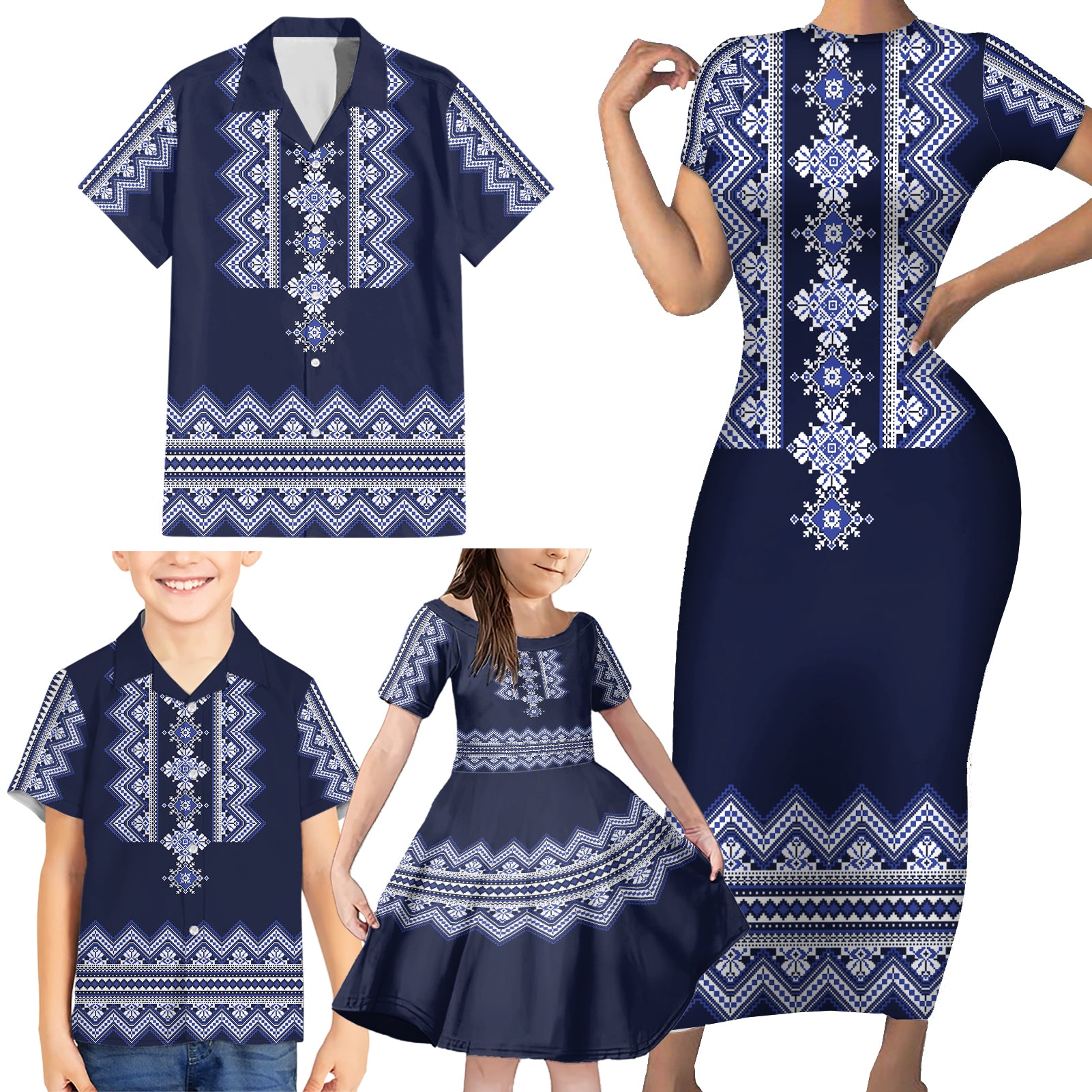 ukraine-folk-pattern-family-matching-short-sleeve-bodycon-dress-and-hawaiian-shirt-ukrainian-navy-blue-version
