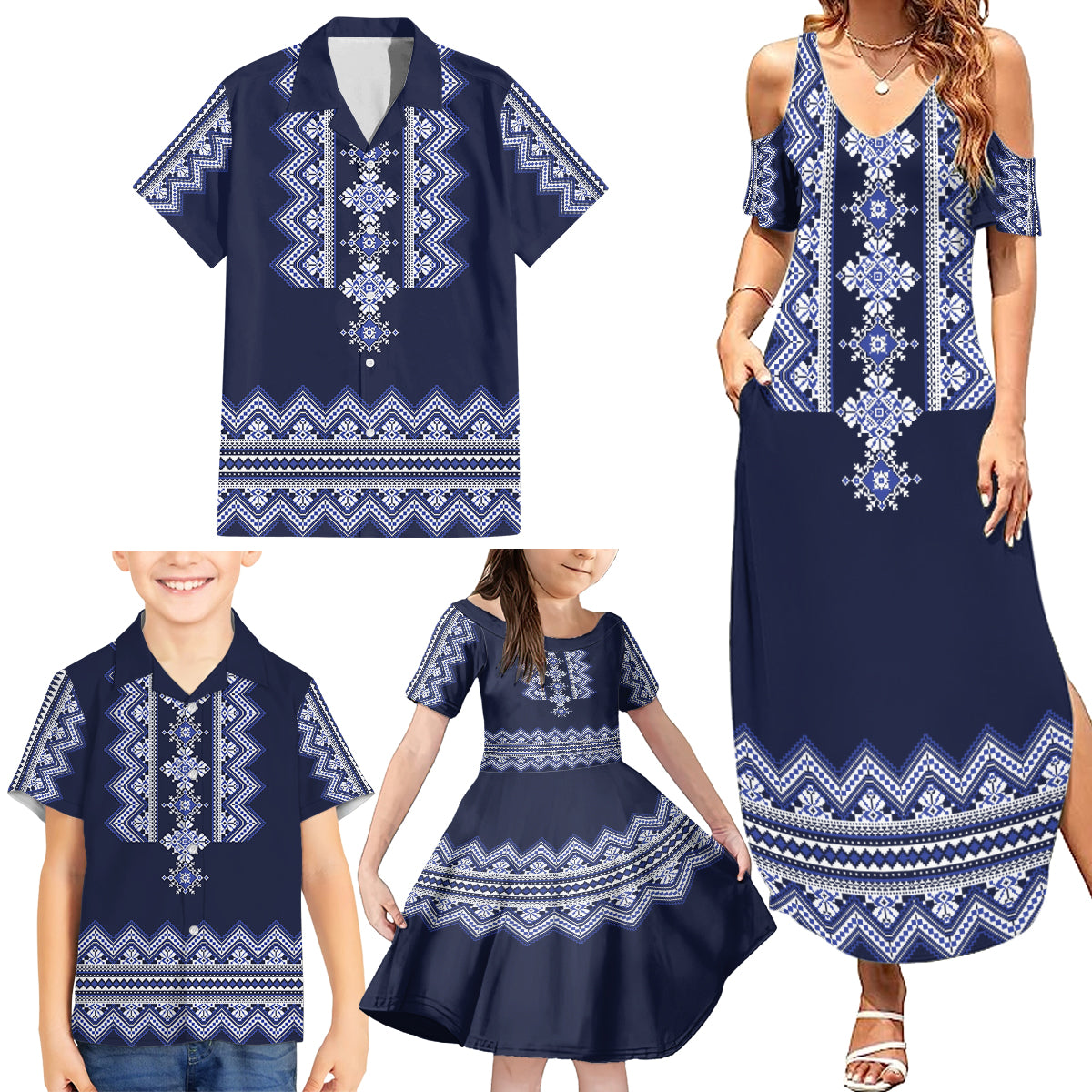 ukraine-folk-pattern-family-matching-summer-maxi-dress-and-hawaiian-shirt-ukrainian-navy-blue-version