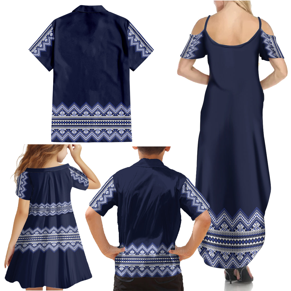 Ukraine Folk Pattern Family Matching Summer Maxi Dress and Hawaiian Shirt Ukrainian Navy Blue Version - Wonder Print Shop