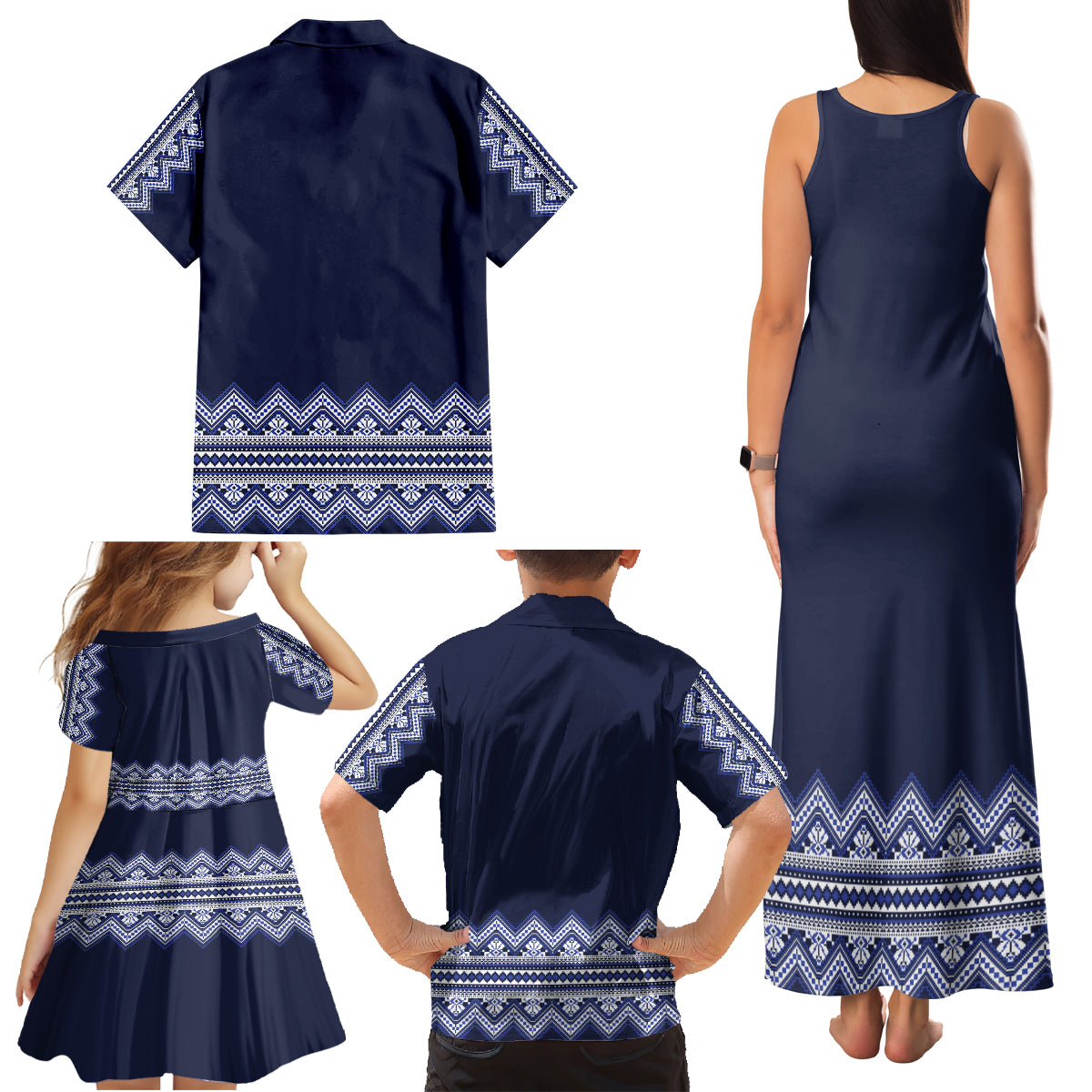 Ukraine Folk Pattern Family Matching Tank Maxi Dress and Hawaiian Shirt Ukrainian Navy Blue Version - Wonder Print Shop