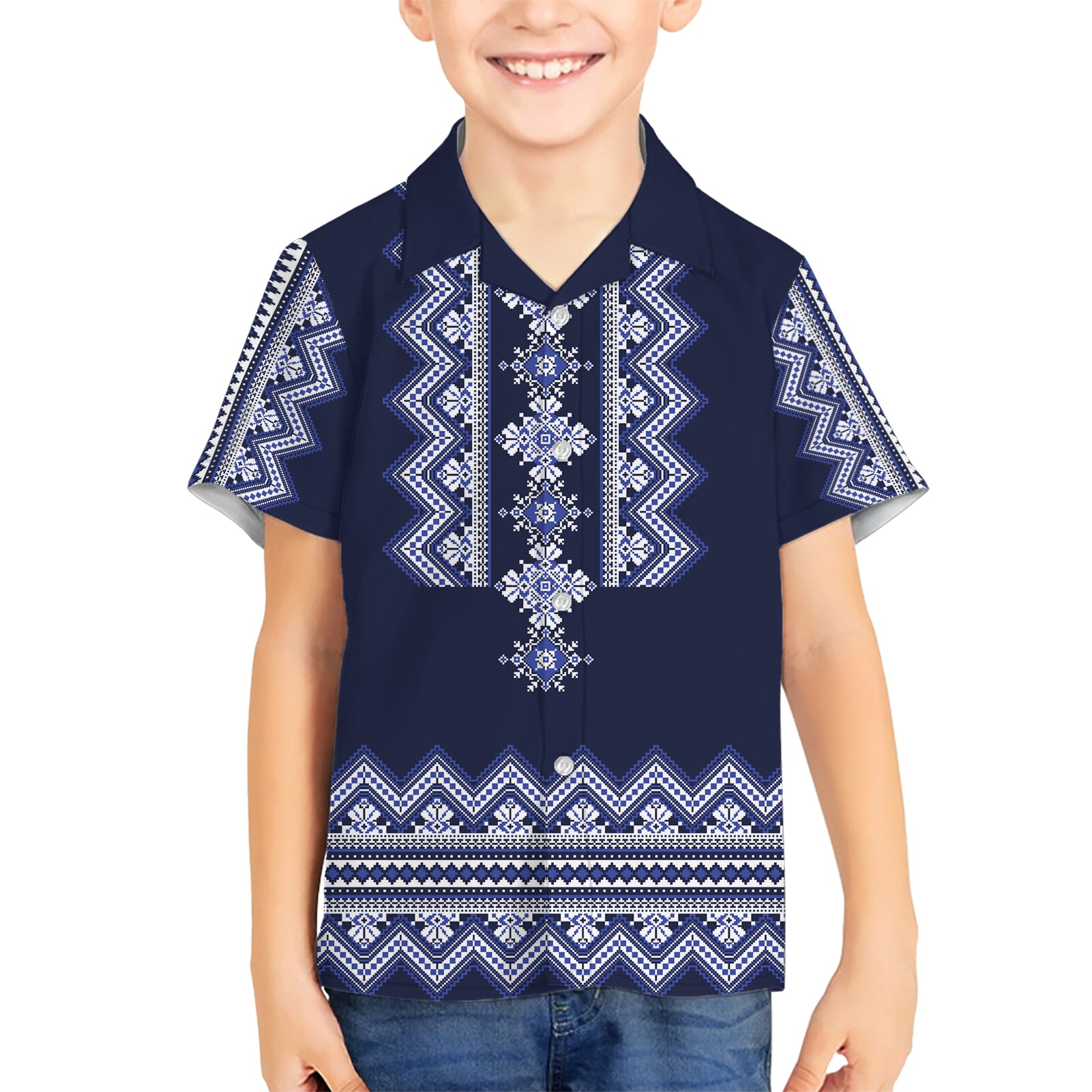 ukraine-folk-pattern-kid-hawaiian-shirt-ukrainian-navy-blue-version