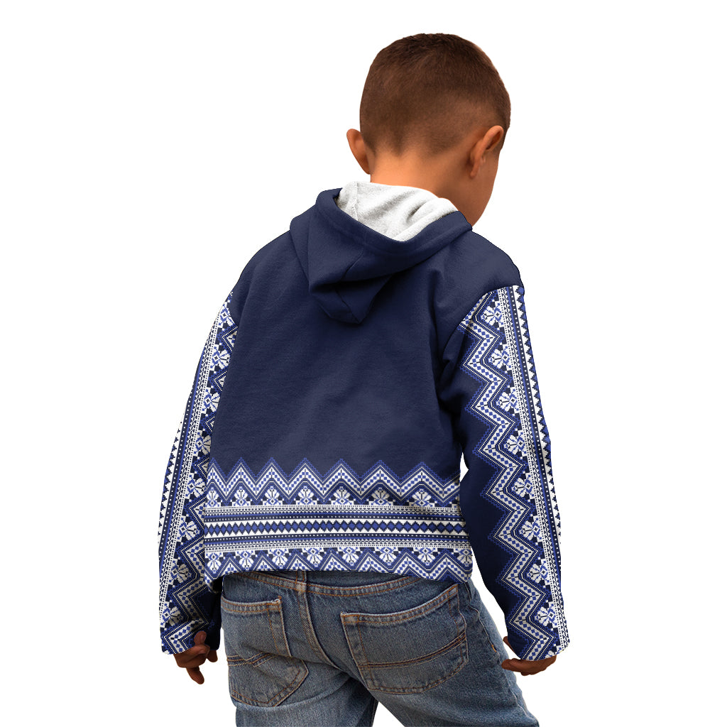 Ukraine Folk Pattern Kid Hoodie Ukrainian Navy Blue Version - Wonder Print Shop