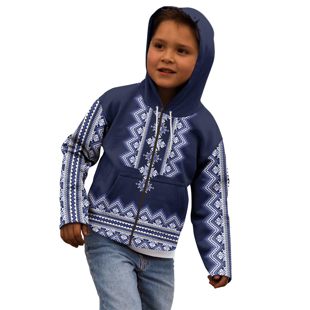 Ukraine Folk Pattern Kid Hoodie Ukrainian Navy Blue Version - Wonder Print Shop