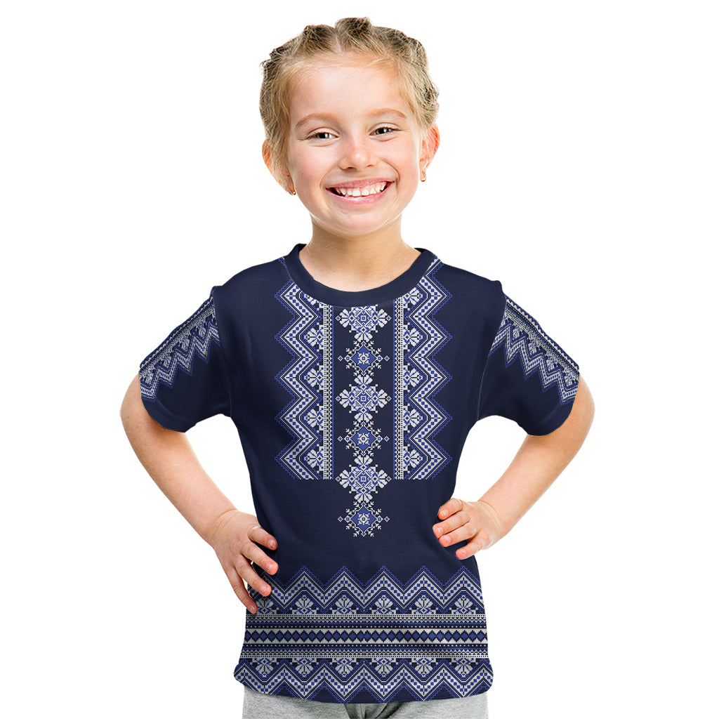 Ukraine Folk Pattern Kid T Shirt Ukrainian Navy Blue Version - Wonder Print Shop