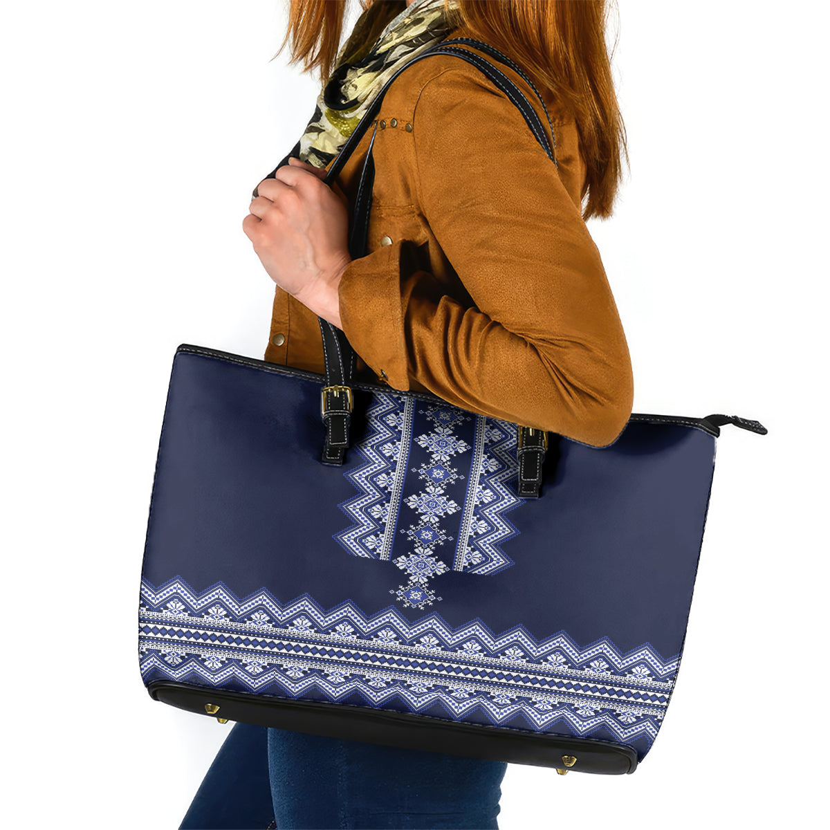 Ukraine Folk Pattern Leather Tote Bag Ukrainian Navy Blue Version - Wonder Print Shop