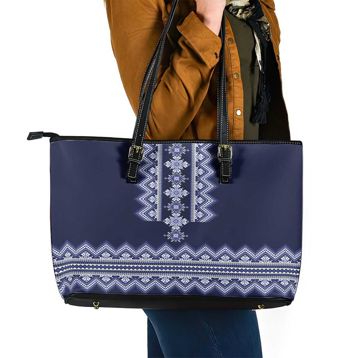 Ukraine Folk Pattern Leather Tote Bag Ukrainian Navy Blue Version - Wonder Print Shop