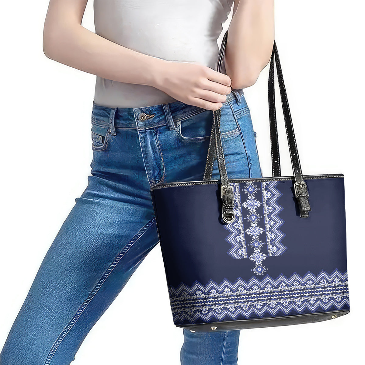 Ukraine Folk Pattern Leather Tote Bag Ukrainian Navy Blue Version - Wonder Print Shop
