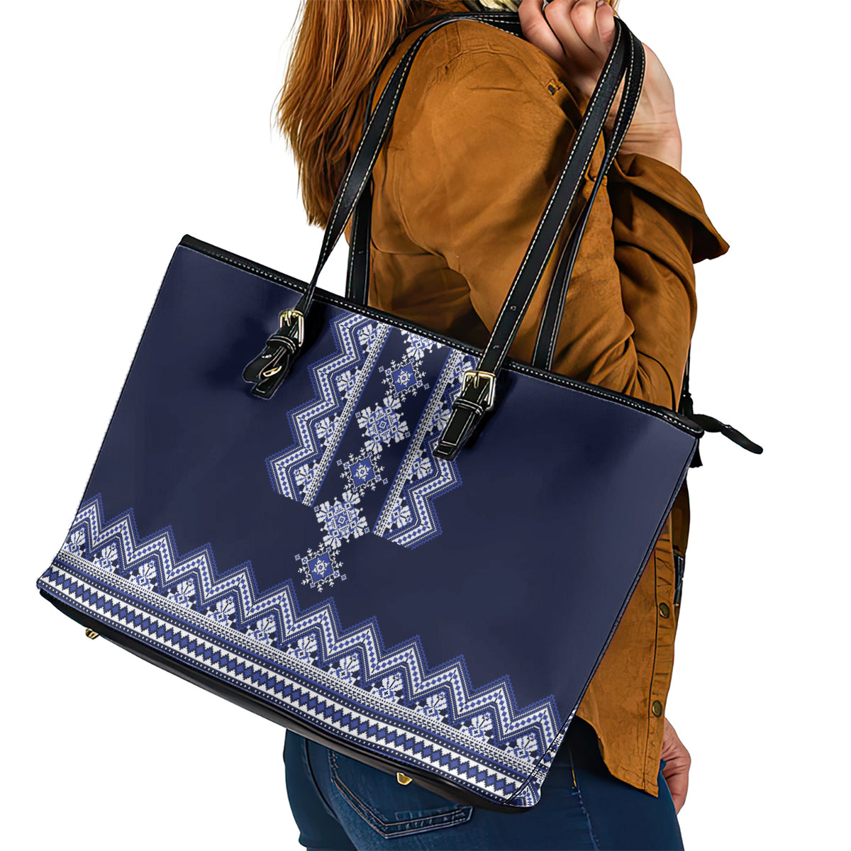 Ukraine Folk Pattern Leather Tote Bag Ukrainian Navy Blue Version - Wonder Print Shop