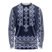 Ukraine Folk Pattern Long Sleeve Shirt Ukrainian Navy Blue Version - Wonder Print Shop