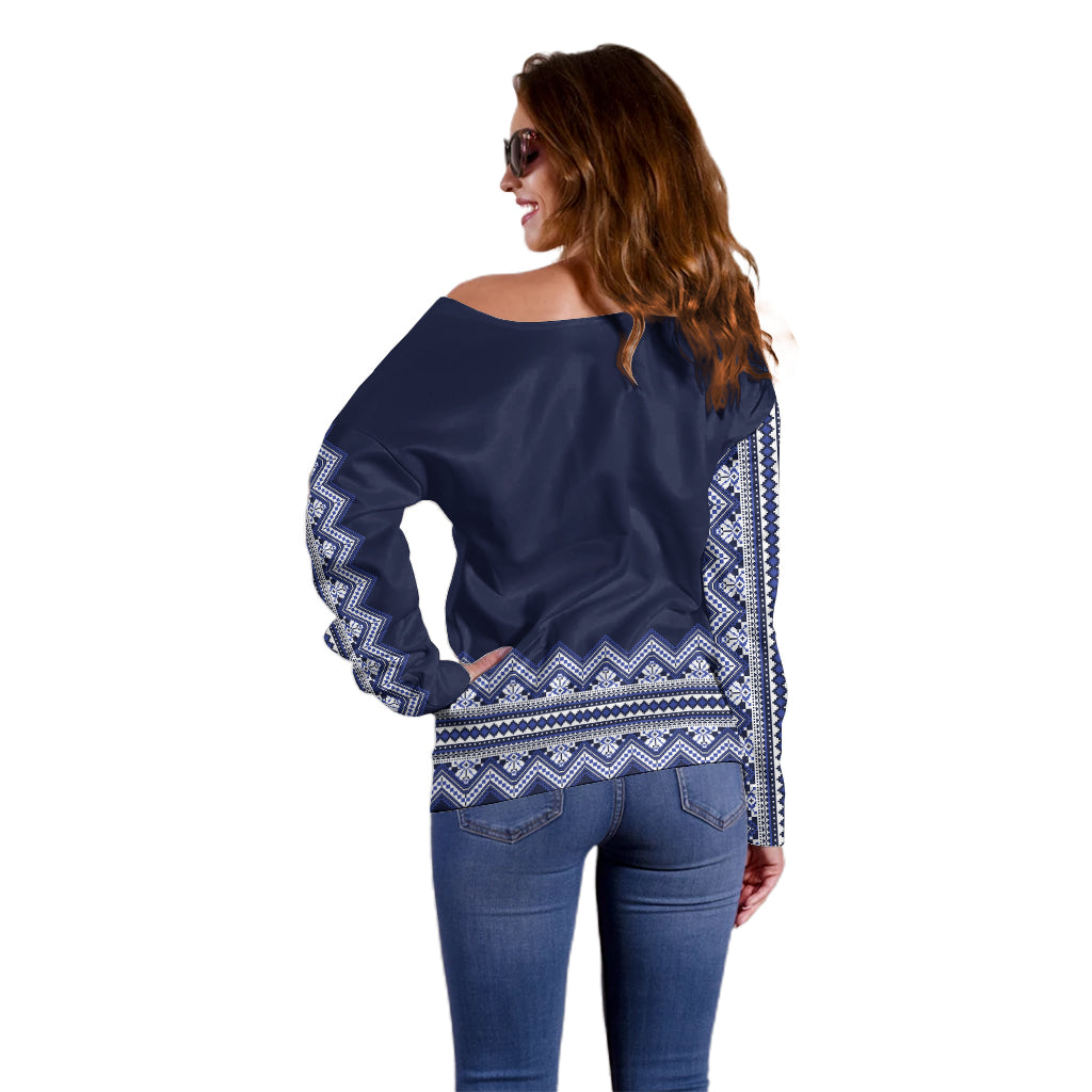 Ukraine Folk Pattern Off Shoulder Sweater Ukrainian Navy Blue Version - Wonder Print Shop