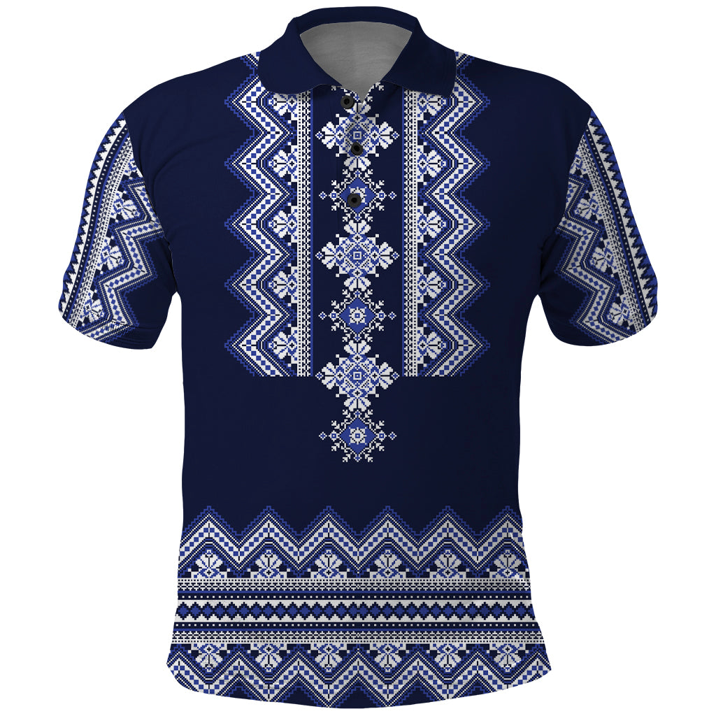 Ukraine Folk Pattern Polo Shirt Ukrainian Navy Blue Version - Wonder Print Shop