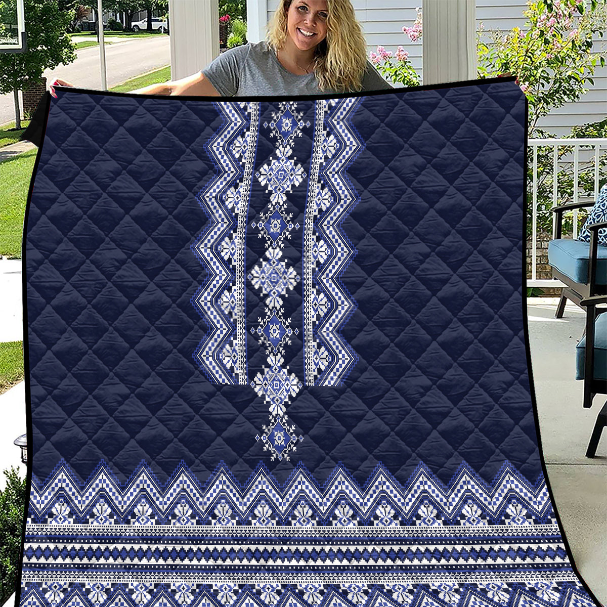 Ukraine Folk Pattern Quilt Ukrainian Navy Blue Version - Wonder Print Shop