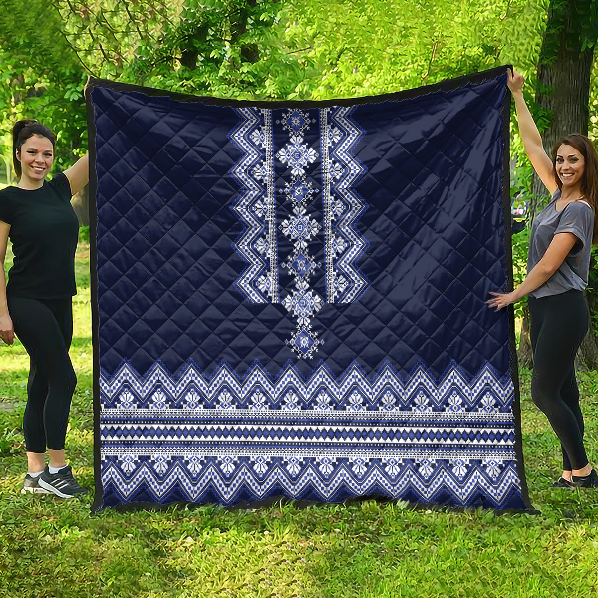 Ukraine Folk Pattern Quilt Ukrainian Navy Blue Version - Wonder Print Shop