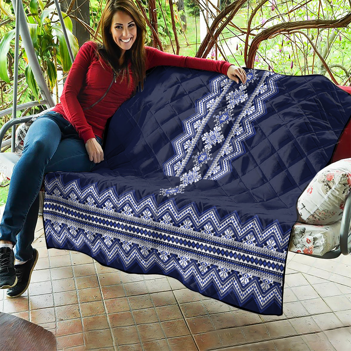 Ukraine Folk Pattern Quilt Ukrainian Navy Blue Version - Wonder Print Shop