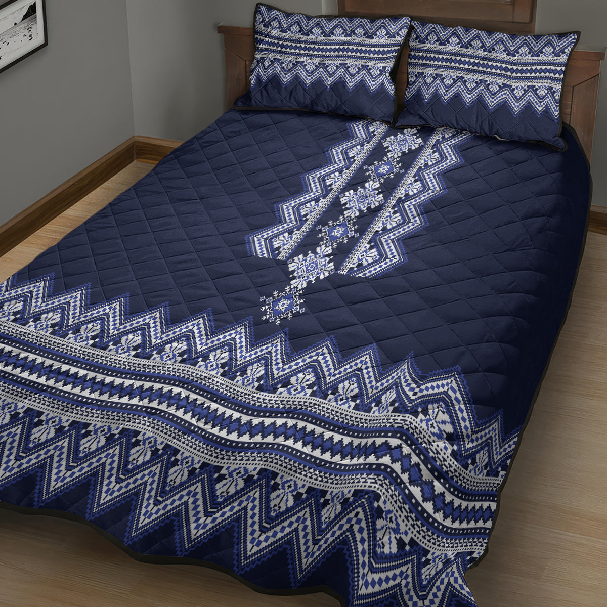 Ukraine Folk Pattern Quilt Bed Set Ukrainian Navy Blue Version - Wonder Print Shop