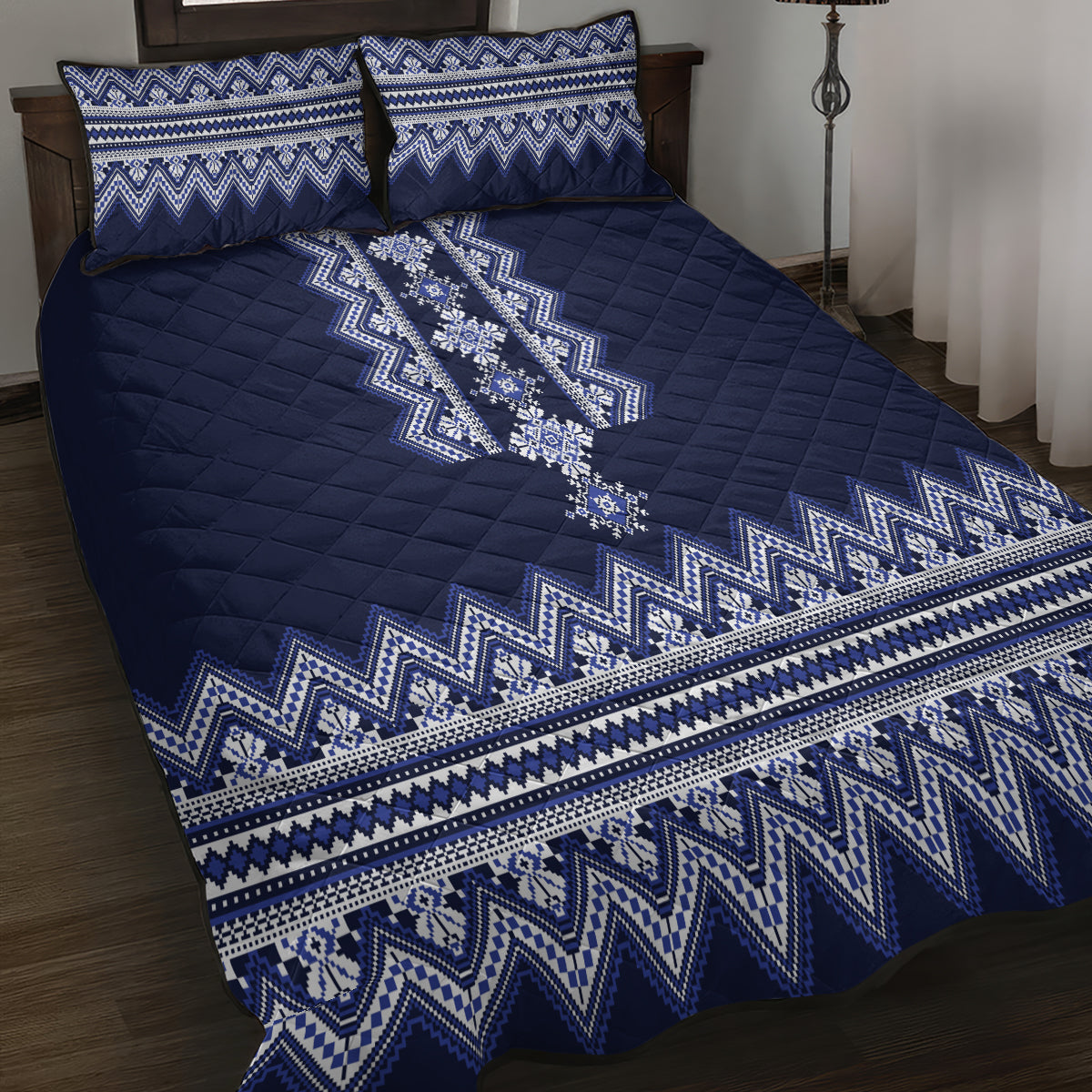 Ukraine Folk Pattern Quilt Bed Set Ukrainian Navy Blue Version - Wonder Print Shop