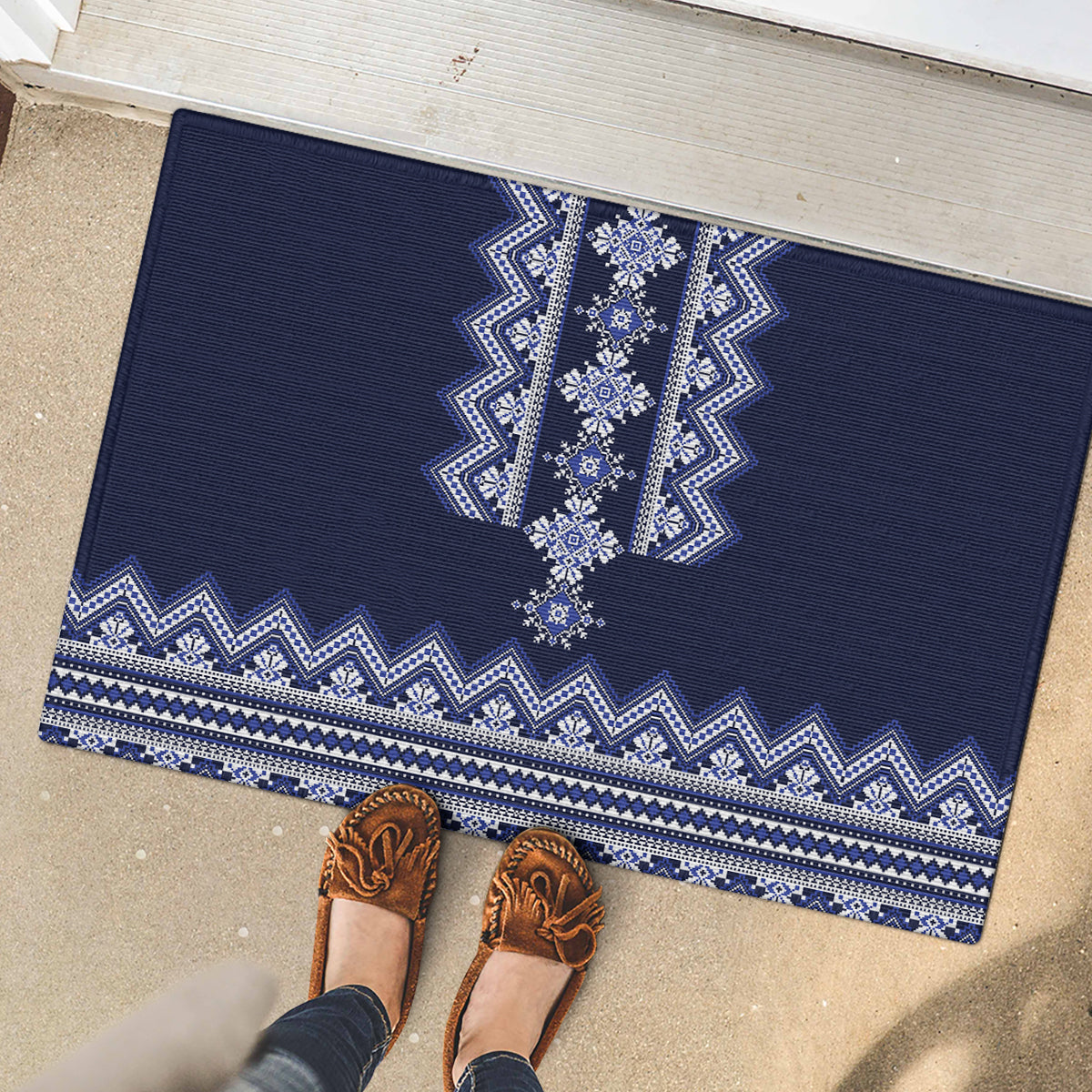 Ukraine Folk Pattern Rubber Doormat Ukrainian Navy Blue Version - Wonder Print Shop