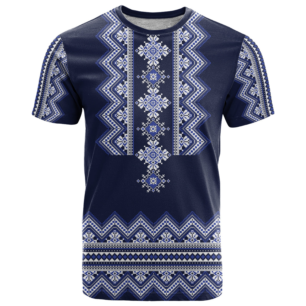 Ukraine Folk Pattern T Shirt Ukrainian Navy Blue Version - Wonder Print Shop