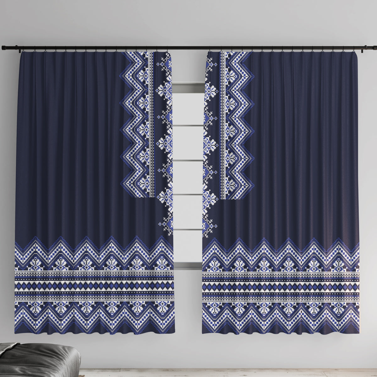 Ukraine Folk Pattern Window Curtain Ukrainian Navy Blue Version - Wonder Print Shop